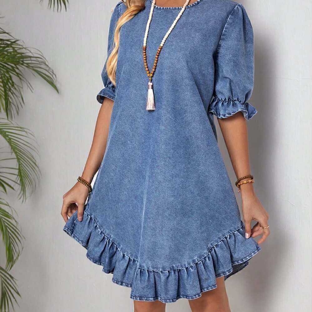 Blue Casual Women's Round Neck Short Puff Sleeve Denim Dress With Ruffled Hem - Picture 5 of 5